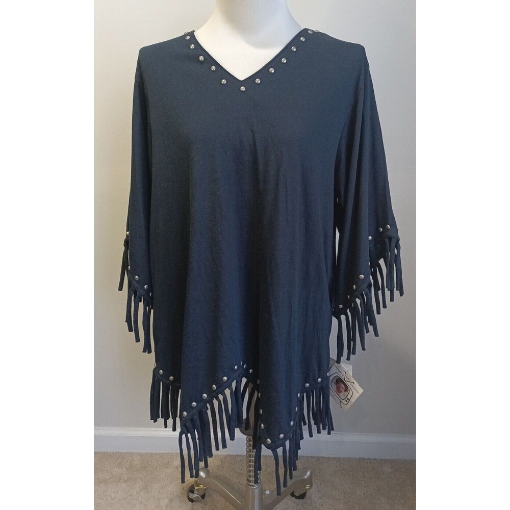 Shopping With Anthony Blue Blouse 3/4 Sleeves Fringed Style Top Rivets Large NWT